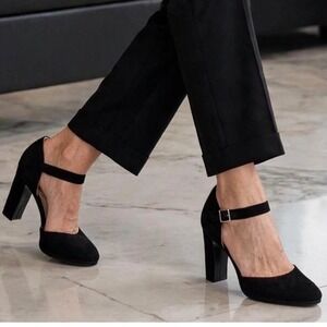 Life Stride Women's Black Suede Mary Jane Heels Ankle Strap Pumps Shoes